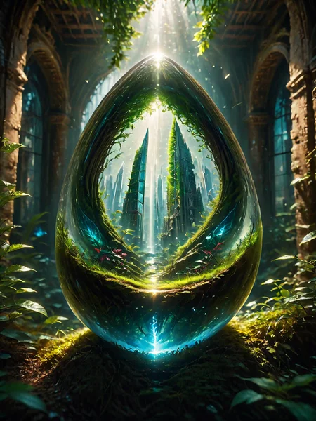 A teardrop-shaped glass filled with a bustling, futuristic cityscape, hovering in an ancient, deserted ruin, creating a juxtaposition between advanced technology and historical decay, complete with hyper-realistic details, cinematic lighting, and vibrant colors <lora:world_glass:1>, dynamic, cinematic, masterpiece, intricate, hdr,