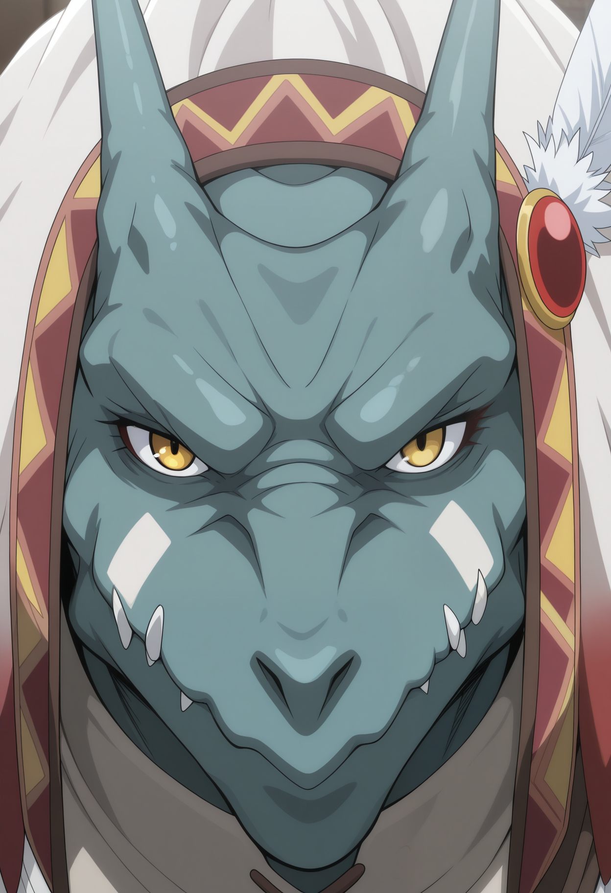 masterpiece,best quality,amazing quality, 1boy, solo, l1z4rd, lizardman, green skin, yellow eyes, bald, white face markings, tribal headdress, hanging white cloth, feather hair ornament, shoulder cape, tribal outfit,  close up, side angle, looking at viewer,