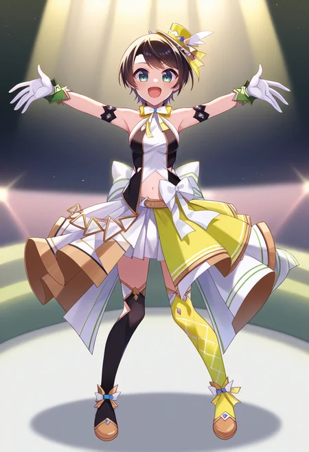 score_9, score_6_up BREAK source_anime, 1girl, solo, standing, full body, concert, stage, subaru_idol, hololive idol uniform, layered skirt, yellow bowtie, mini top hat, white gloves, sleeveless, navel cutout, black thighhighs, yellow thighhighs, mismatched legwear, smile, open mouth, dynamic pose <lora:shubashubaXL-05:1>