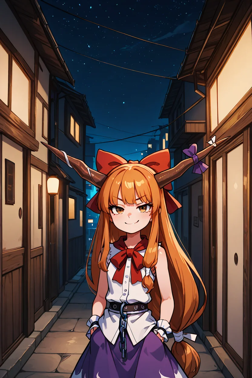 masterpiece, best quality, 1girl, solo, 21 year old model, eyelashes, (beautiful eyes), ,,, <lora:IbukiSuikaTouhouIXL:1.0>, zzSuika, brown eyes, hair bow, horns, long hair, low-tied long hair, oni horns, orange hair, very long hair, horn ribbon, sleeveless shirt, wrist cuffs, bow, ribbon, horn ornament, sleeveless, chain, skirt, shirt, ,,, stars, night, luminescent background, city, back alley, smug, hands in pockets, smile, looking at viewer, shiny skin, <lora:GoldenCATLoraIXL:0.6>, <lora:princess_xl_v2:0.3>,