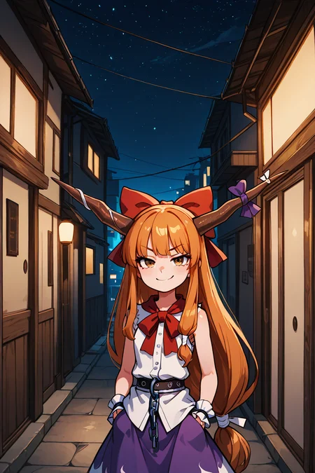 masterpiece, best quality, 1girl, solo, 21 year old model, eyelashes, (beautiful eyes), ,,, <lora:IbukiSuikaTouhouIXL:1.0>, zzSuika, brown eyes, hair bow, horns, long hair, low-tied long hair, oni horns, orange hair, very long hair, horn ribbon, sleeveless shirt, wrist cuffs, bow, ribbon, horn ornament, sleeveless, chain, skirt, shirt, ,,, stars, night, luminescent background, city, back alley, smug, hands in pockets, smile, looking at viewer, shiny skin, <lora:GoldenCATLoraIXL:0.6>, <lora:princess_xl_v2:0.3>,