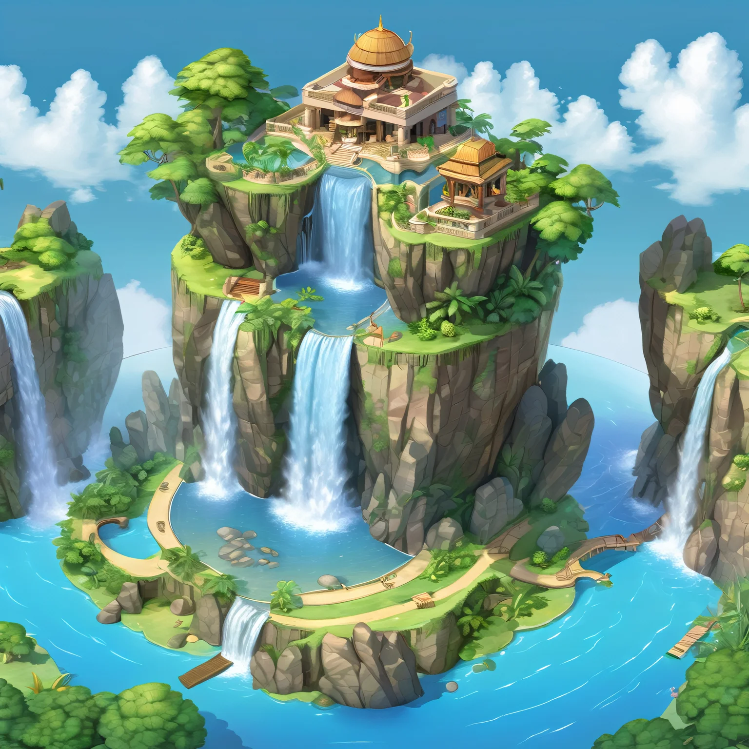 ((masterpiece, best quality)), absurdres, Isometric_Setting, paradise, floating island, detailed waterfall, detailed pond, detailed rocks, clouds and sky in the background, <lora:Stylized_Setting_SDXL:1.0>