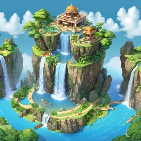 ((masterpiece, best quality)), absurdres, Isometric_Setting, paradise, floating island, detailed waterfall, detailed pond, detailed rocks, clouds and sky in the background, <lora:Stylized_Setting_SDXL:1.0>