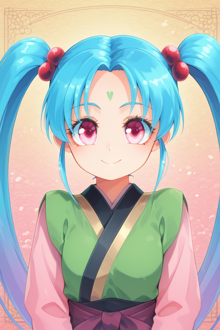 masterpiece, best quality, solo, beautiful eyes,zzSasami, twintails, long hair, forehead mark, hair ornament, blue hair, facial mark, hair bobbles, pink eyes, long sleeves, japanese clothes,   ,<lora:SasamiIXL_v2:1.0>,  ,<lora:HomuraSubaruIXL_v1:1.0>,   upper body, smile, looking at viewer, shiny skin,