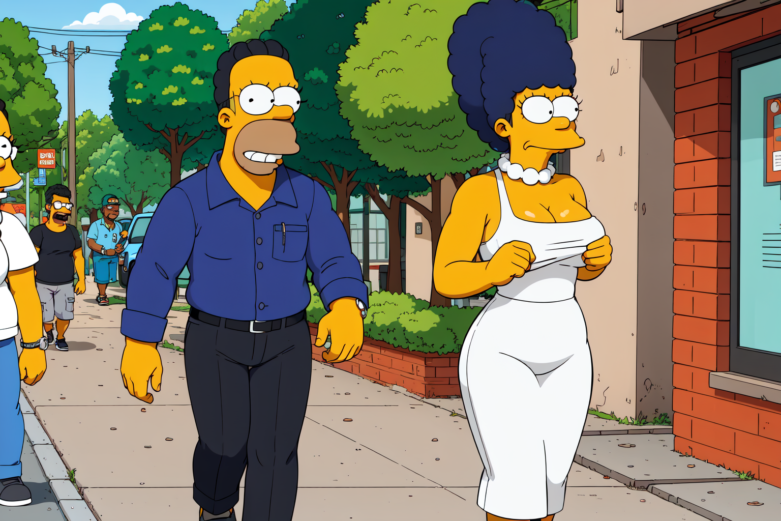 a woman with sexy body and outfit, black hair, walking in the sidewalk with a man by her side, EdobSimpsons  <lora:EdobSimpsons_v1.1:0.8>