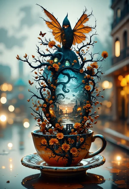 aidmaimageupgrader,Jeddblexpsre,double exposure, Create a double exposure composition that blends eerie Halloween themes with surreal, dreamlike imagery. into a coffee cup