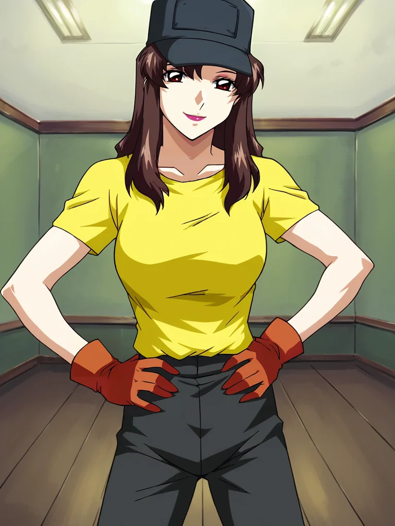 <lora:Murrue_Ramius-Gundam_SEED:1>,Murrue,1girl,brown hair,brown eyes,lipstick,long hair,yellow shirt,pants,gloves,hat,hands on own hips,looking at viewer,indoors,smile