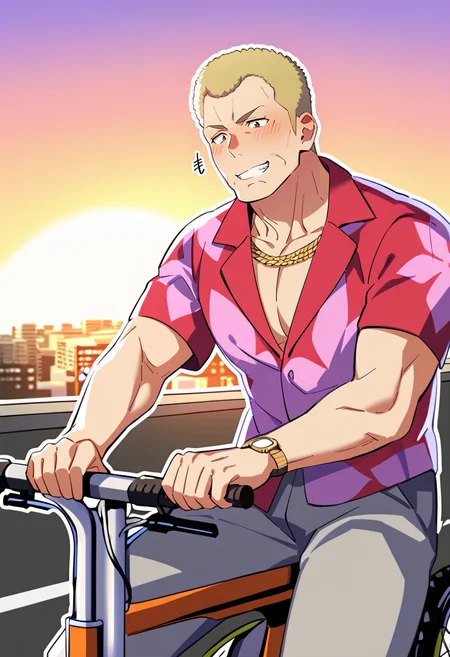 houjouteppei, 1boy, male focus, solo, mature male, middle-aged, muscular, bara, blonde hair, short hair, black eyes, grin, blush, riding bike, motion lines, highway, cityscape, red and pink hawaiian shirt, grey pants, wristwatch, necklace, cleft chin, extremely detailed, 8k, best quality, amazing quality, best aesthetic, absurdres, year 2023 <lora:teppei_pony-2:1.4>