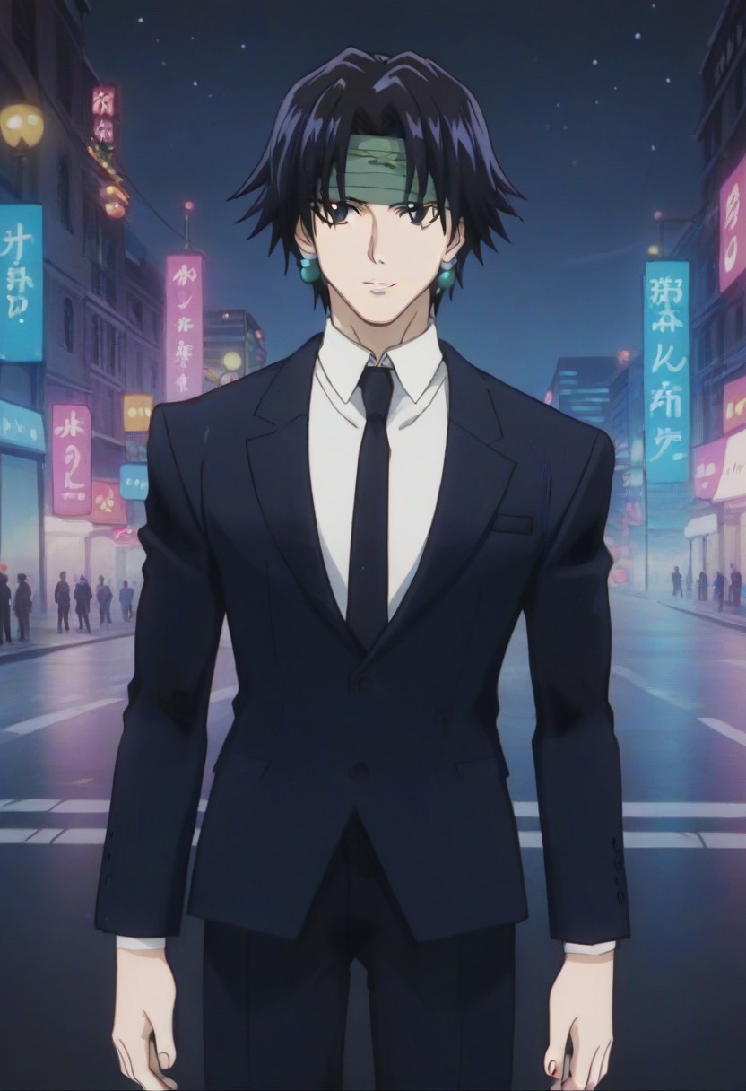 ((masterpiece)), ((best quality)), ((ultra-detailed)), ((absurdres)), score_9_up, score_8_up, score_7_up,
HD, top quality, best quality, amazing quality, High-quality illustrations, anime screencap, source_anime, best aesthetic, perfect proportions, perfect eyes, 1boy, 1male, solo boy, solo male, male focus, solo male focus, Anime, boy, male anime character, anime boy, handsome, cute, charming, sexy, good-looking, Chrollo Lucilfer, black hair, gray eyes, blue-green earrings, green forehead headband, ((black suit blazer)), black necktie, black pants, ((tall body, tall height)), ((lean body, slim body)), ((night, city lights)), ((cowboy shot, head to hips shot)), easynegative, updn, Expressiveh, masterpiece, best quality, very aesthetic, absurdres