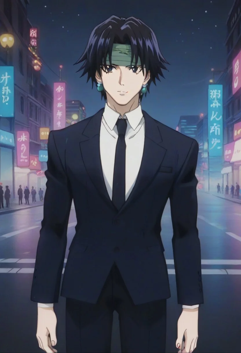 ((masterpiece)), ((best quality)), ((ultra-detailed)), ((absurdres)), score_9_up, score_8_up, score_7_up,
HD, top quality, best quality, amazing quality, High-quality illustrations, anime screencap, source_anime, best aesthetic, perfect proportions, perfect eyes, 1boy, 1male, solo boy, solo male, male focus, solo male focus, Anime, boy, male anime character, anime boy, handsome, cute, charming, sexy, good-looking, Chrollo Lucilfer, black hair, gray eyes, blue-green earrings, green forehead headband, ((black suit blazer)), black necktie, black pants, ((tall body, tall height)), ((lean body, slim body)), ((night, city lights)), ((cowboy shot, head to hips shot)), easynegative, updn, Expressiveh, masterpiece, best quality, very aesthetic, absurdres