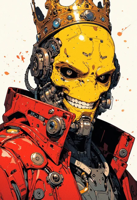 A futuristic cyberpunk humanoid with a yellow mechanical helmet, a wide grin, and deep black eyes. The figure wears a red high-tech jacket with metallic buttons and intricate details. A golden royal crown sits atop the helmet, creating a mix of dystopian royalty and sci-fi streetwear. The background is minimalistic with a white abstract brushstroke effect. High-detail, comic book illustration style, gritty texture, sharp inked outlines, concept art by Josan Gonzalez and Katsuhiro Otomo
