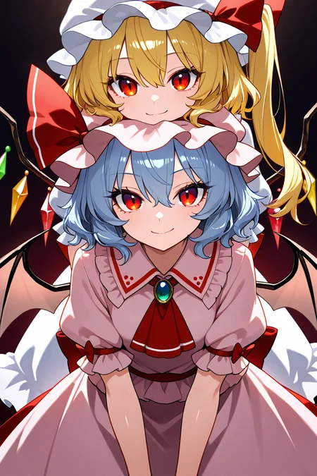 masterpiece, best quality, 21 year old model, eyelashes, (beautiful eyes), ,,,2girls, zzRemilia, red eyes, blue hair, short hair, hat, ribbon, wings, ascot, hat ribbon, pink dress, bat wings, short sleeves, frills, puffy sleeves, zzFlandre, red eyes, blonde hair, one side up, hair between eyes, wings, ascot, red skirt, hat ribbon, short sleeves, puffy sleeves, mob cap, red shirt, <lora:ScarletSistersIXL_v1:1.0>, , cowboy shot, leaning forward, smile, looking at viewer, shiny skin,
