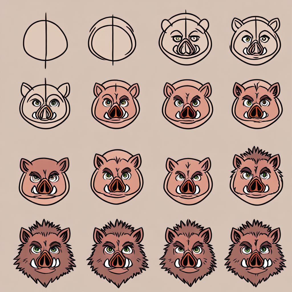 graphic novel illustration, simple wild-boar head, howtodraw, 4 steps, shading