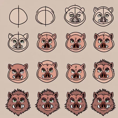graphic novel illustration, simple wild-boar head, howtodraw, 4 steps, shading
