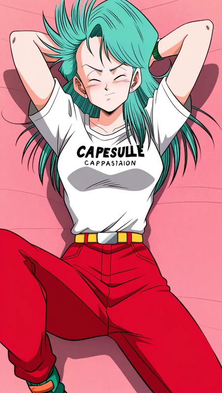 source_anime, masterpiece, best quality, amazing quality, anime screencap, high quality, 8k, absurdres, official style, 1girl, solo, eyes closed, closed eyes, lying down, on back, from above, hands behind head, <lora:Bulma_Early_Z_iL:1>, 8u1m4 Z early, blue eyes, aqua hair, pre namek saga, messy hair, long hair, jewelry, earrings, white shirt, shirt tucked in, clothes writing, short sleeves, red pants, belt, watch,