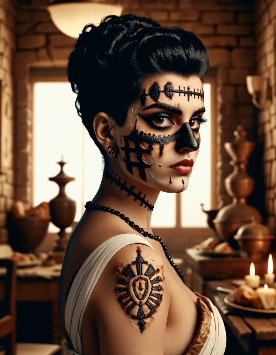 busty Greek made of ral-roasted, expressing shame, Rule of Thirds, Shaved sides hair, expressive characters, 50s and 60s style, irreverent, historical and exotic subjects, orientalism, macabre, <lora:ral-roasted-sdxl:0.8>, cinematic light, fine detail, professional fine composition, located artistic, gorgeous, highly detailed