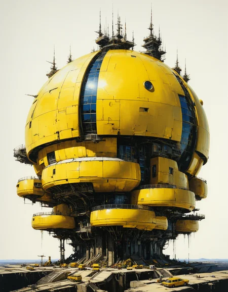 hyper realistic photograph of  a (complex architectural science fiction structure:1.4) by Bob Eggleton and Yoji Shinkawa, (glossy , yellow , masterful:1.4), medium full shot, poster art, bold lines, hyper detailed, expressive,  award winning,  dark limited color palette, high contrast, depth of field, (intricate details, masterpiece, best quality:1.4),
overexposure, looking at viewer, dynamic pose, wide angle view,
<lora:add-detail-xl:1> <lora:xl_more_art-full_v1:0.5>  <lora:NicolaSamori:0.5> in the style of nicola samori <lora:looking_at_viewer:2>