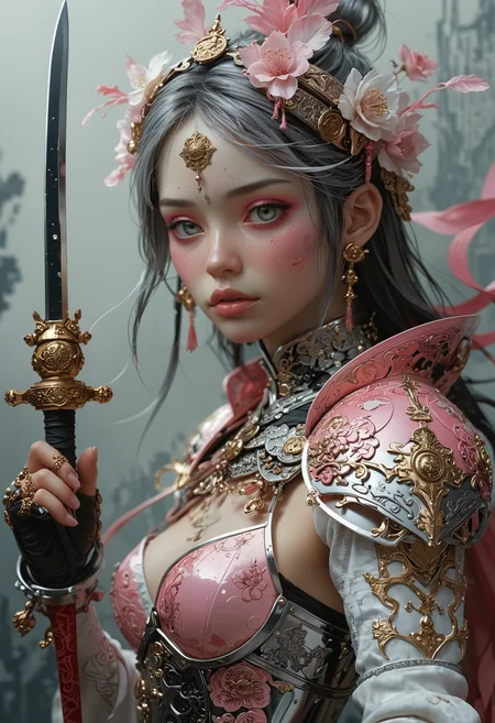 Yoshitaka Amano ~ Gris Grimly ~ Masamune Shirow ~ Tomer Hanuka ~ Bratz ~ Junji Ito ~ ultra detailed gorgeous Knight of Coins, tarot card style, ocult~ esotericism ~ very detailed tarot card, Pink and white, Princess warrior holding fairypunk weapons. This contrast between the fantastical character and the more bold color scheme and elements gives the piece an intriguing narrative quality. painted realism, photorealistic, 8k, fantasy digital art, HDR, UHD. <lora:add-detail-xl:1> <lora:MJ52:0.5>