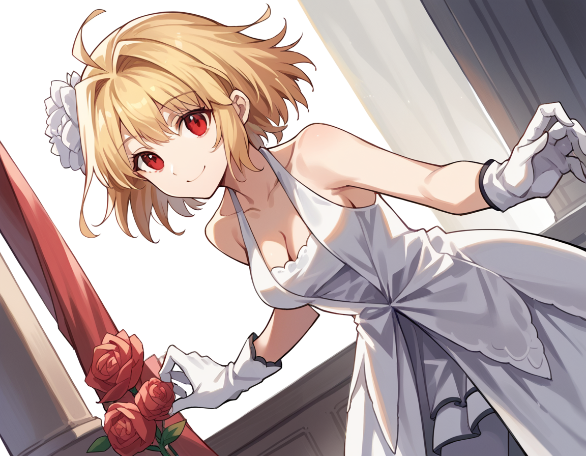 score_9, score_8_up, score_7_up, source_anime, <lora:arcueid-brunestud-10th-anniversary-ponyxl-lora-nochekaiser:1>, arcueid brunestud, blonde hair, red eyes, short hair, ahoge, hair intakes,, medium breasts, hair ornament, gloves, dress, cleavage, bare shoulders, flower, pantyhose, white gloves, hair flower, white dress,, indoors, bent over, smile, looking at viewer, solo,, cowboy shot, dutch angle