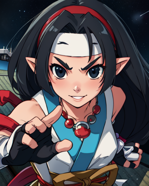 Yukimaru,   black eyes,  low-tied long hair , pointy ears,   smiling, upper body,   fighting stance, serious look, 
YukGear,magatama necklace,fingerless gloves, headband,japanese clothes,
outerspace, japanese rooftop, 
(insanely detailed, beautiful detailed face, masterpiece, best quality) cinematic lighting, <lora:Yukimaru-10:0.7>