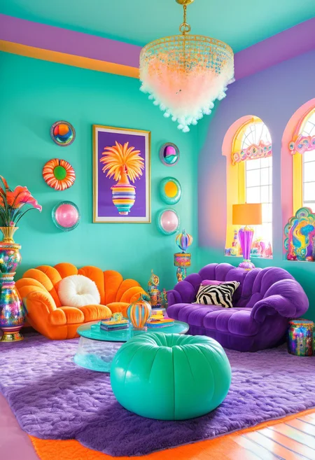 y2kmad, Light mood masterpiece photography, realistic, realistic photograph, crystal chandeliers, retro chandelier, living room, couch, indoors, gumball machine, coffee table, maximalist living room, glitter, Lisa Frank inspired, scene indoors, owl room decor, pastel pillows, winx room decor, fancy furniture, Lisa Frank colors, fluffy neon rug, clouds painted on walls, coffee table, elephant statues, two chairs, books on table, throw pillows on couch, zebra print throw pillows, light coming in from outside, arcade game, gaudy couches, giant lava lamp, lava lamp, disco balls, fairy room decor, large windows, maximalism, green, blue, turquoise, purple, orange, purple couches, maximalist living room, soft rug, neon rug, cat statue, lots of pillows, 2000s, Lisa Frank alien pictures on wall, water bed, green Glass, Vinyl, neon green lamp, pastel pink walls, Vivid colours, plastic orange designer chair, crystal beaded curtains, funky room, futuristic shaped chair, neon lights