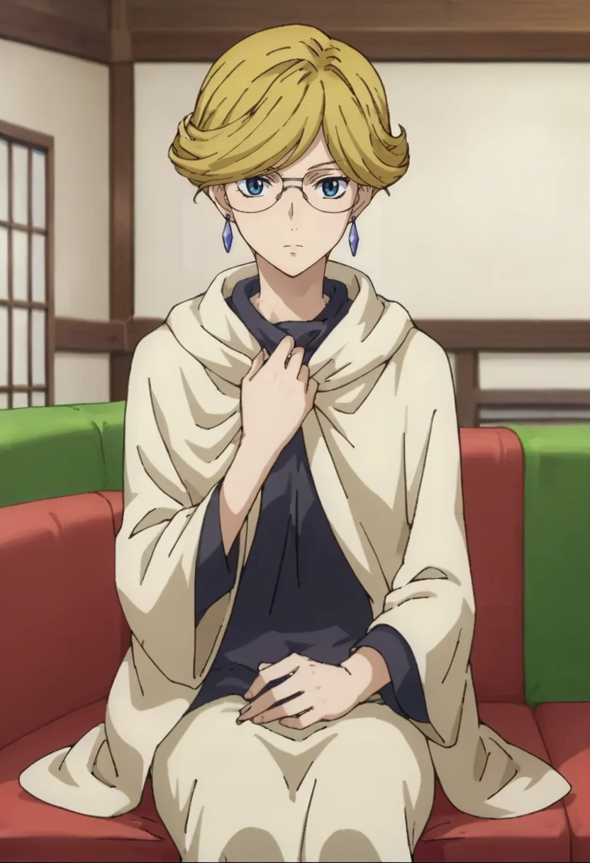 score_9,score_8_up,score_7_up,score_6_up,score_5_up,score_4_up,anime coloring BREAK source_anime,anime,<lora:Mrs._Halevy_Gundam_00_Pony:0.8>,mrshalevy,1girl,solo,blue eyes,blonde hair,short hair,glasses,jewelry,earrings,black loose shirt,cloak,sitting,indoors,room,couch,looking at viewer,