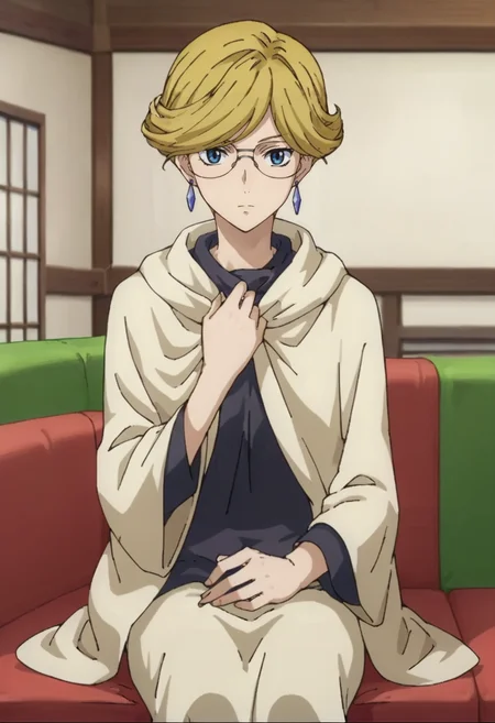 score_9,score_8_up,score_7_up,score_6_up,score_5_up,score_4_up,anime coloring BREAK source_anime,anime,<lora:Mrs._Halevy_Gundam_00_Pony:0.8>,mrshalevy,1girl,solo,blue eyes,blonde hair,short hair,glasses,jewelry,earrings,black loose shirt,cloak,sitting,indoors,room,couch,looking at viewer,