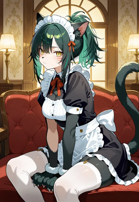 General, masterpiece, best quality, amazing very aesthetic, absurdres, warm lighting, soft focus, highly detailed, intricate textures, realistic shading, detailed background

BREAK

1woman:[kuudere, lean body, slit pupils, short green hair with black highlights, tomboyish hairstyle with ponytail, yellow eyes, tall, medium breasts, Maid Uniform, stockings, ripped white thighhighs]

BREAK

Changingroom, sitting, cat ears, cat tail, animal hands, animal legs, whisker markings, cat nose, (green and black body fur:1.5), busy background, people in background 