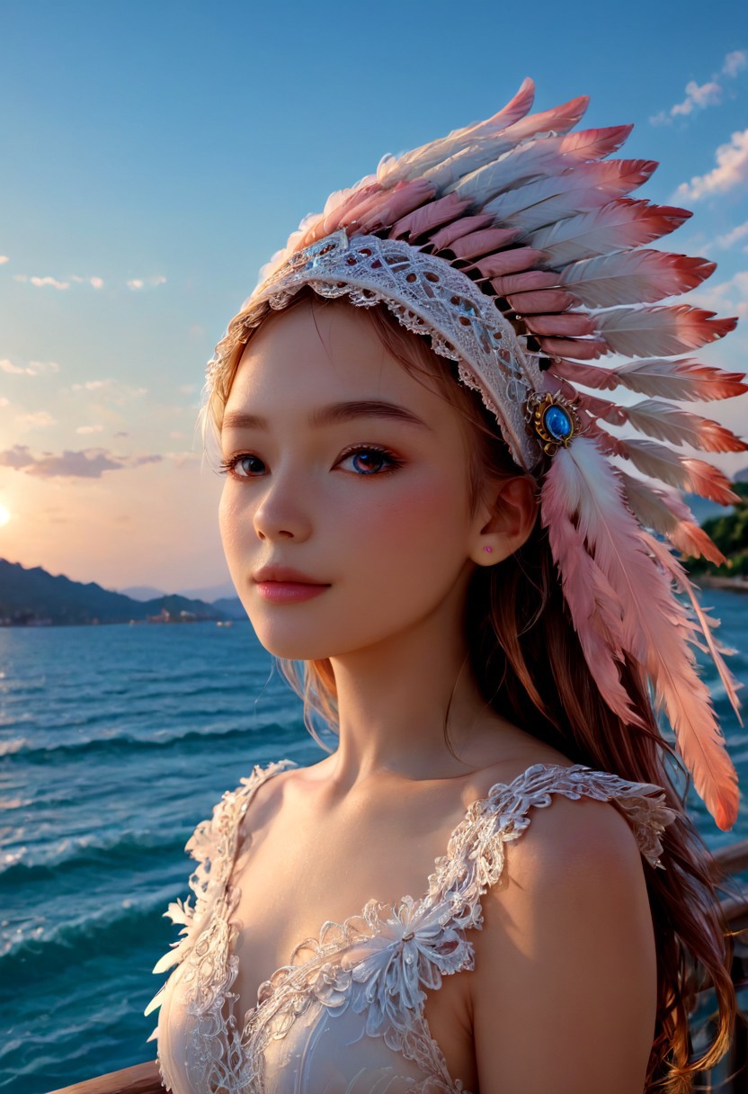score_9, score_8_up, score_7_up, score_6_up, realistic, multi colored pastel, background is a 1990s japanese beauty set, dramatic pose, dramatic angle, 1girl, 20 years old, standing in a pastel environment, feathers falling from the sky, posing, radiant smile, headdress, feather ornament, Expressiveh, 4ng3l face