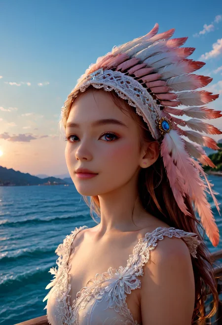 score_9, score_8_up, score_7_up, score_6_up, realistic, multi colored pastel, background is a 1990s japanese beauty set, dramatic pose, dramatic angle, 1girl, 20 years old, standing in a pastel environment, feathers falling from the sky, posing, radiant smile, headdress, feather ornament, Expressiveh, 4ng3l face