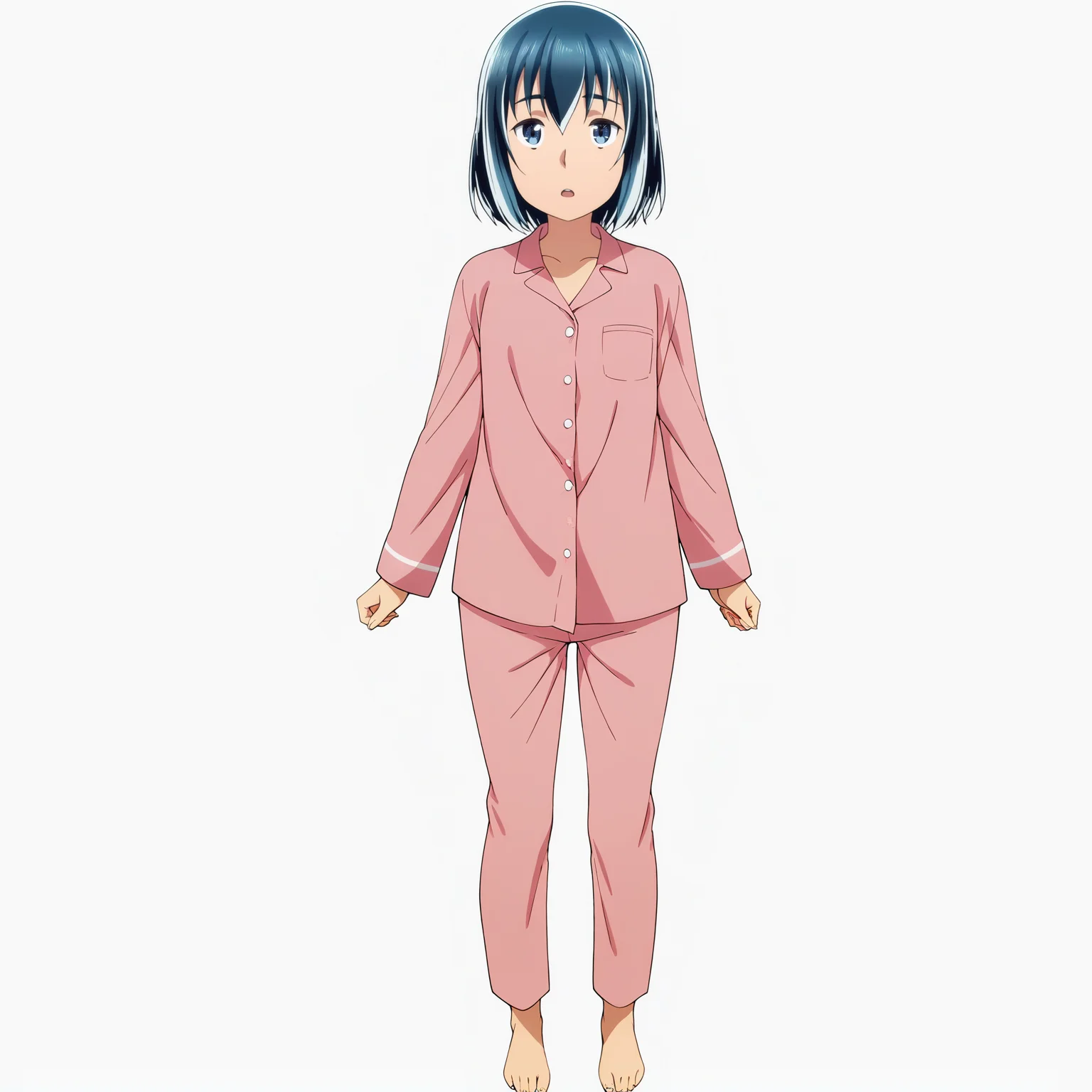 sharp focus, pixiv masterpiece, score_9, score_8_up,  source_anime, score_7_up, best quality, high res, absurd res, BREAK
 <lora:Hina_hinamatsuri_illustrious_v32:1>hina_matsuri_il, 1girl, pink_pajama_shirt, pink_pajama_pants, solo, short_hair, blue_hair, blue_eyes, full body, white background, simple background