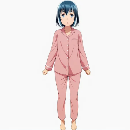 sharp focus, pixiv masterpiece, score_9, score_8_up, source_anime, score_7_up, best quality, high res, absurd res, BREAK
<lora:Hina_hinamatsuri_illustrious_v32:1>hina_matsuri_il, 1girl, pink_pajama_shirt, pink_pajama_pants, solo, short_hair, blue_hair, blue_eyes, full body, white background, simple background