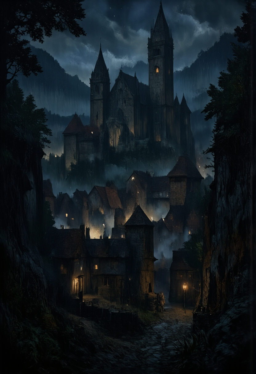 Cthulu, nighttime, medieval village, castle, foggy, photorealistic, cinematic lighting, in memadukan_painter art style, <lora:Memadukan_Brush_Strokes_of_Fineart:1.0>