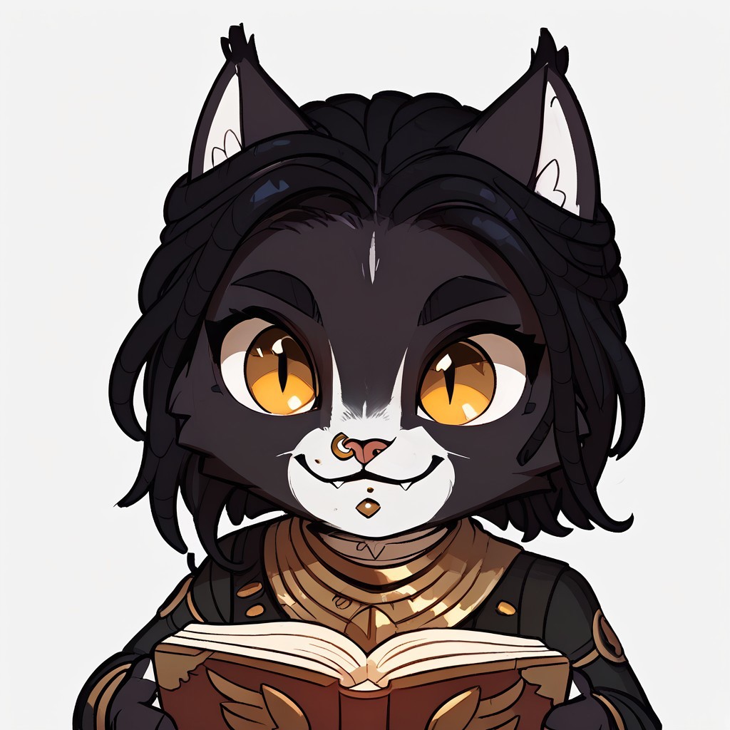 em0te art style, score_9, score_8_up, score_7_up, score_6_up, best quality,
anthro, 1girl, 3mb3r, high quality, white background, ((happy, reading book)), high res , highly detailed face, white background, chibi, black armor, feline, black and white fur, yellow eyes, black hair, nose ring, chin piercing, extremely detailed