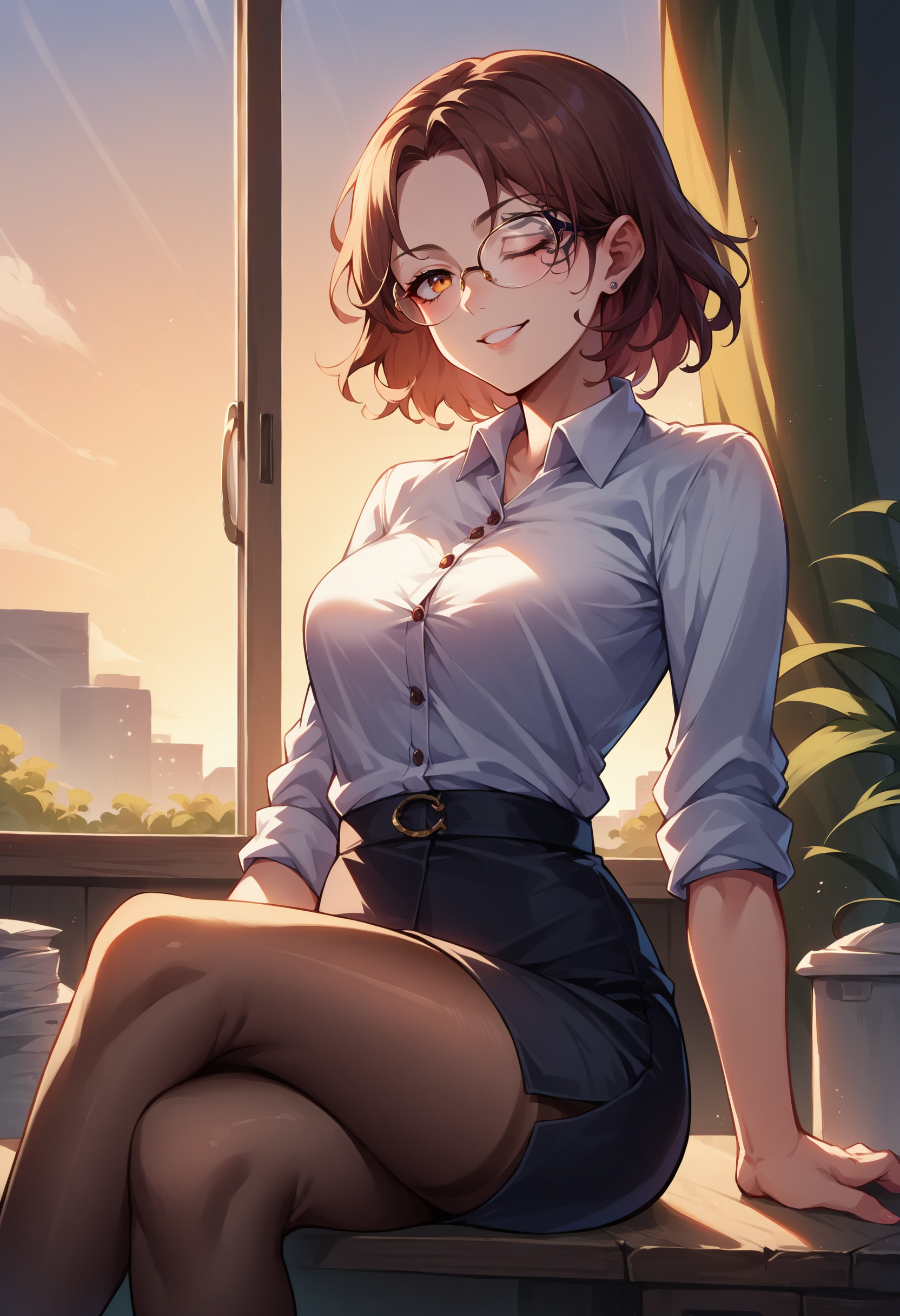 score_9, score_8_up, score_7_up, source_anime, IncrsMelina, one eye closed, facial tattoo, <lora:Melina_XLPD:1>, cowboy shot, office lady, black pantyhose, sitting, desk, crossed legs, glasses, shirt, seductive smile, window, sunset,