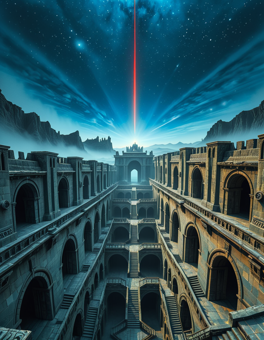 A vast, nightmarish labyrinth stretching endlessly into the horizon, its architecture a fusion of brutalist and gothic styles. The towering stone walls are cold, weathered, and adorned with eerie, ancient carvings. Deep chasms divide the labyrinth, revealing endless layers of arches and staircases that descend into an abyss of darkness. The atmosphere is thick with an unsettling silence, broken only by distant whispers and echoes of unseen entities.
A strange, ominous red beam pierces the sky from a distant point at the horizon, casting an eerie glow over the surreal landscape. The sky above is an unnatural, deep blue, devoid of stars, shrouded in a thick, ominous haze. Shadows stretch unnaturally long, twisting and shifting as if alive.
The entire scene evokes a sense of isolation and dread, as if trapped in an inescapable nightmare. The labyrinthâs geometry seems almost impossible, defying logic with staircases leading to nowhere and corridors looping endlessly. A place where time feels distorted, and reality itself is uncertain.
Style & Mood:
    Dark surrealism, Lovecraftian horror
    Cinematic, high-detail, eerie lighting
    Atmospheric perspective, emphasizing scale and depth
    Inspired by the works of ZdzisÅaw BeksiÅski and H.R. Giger
<lora:SDXLFaeTastic2400:0.4> <lora:extremely_detailed:0.4> extremely detailed, <lora:nightmarish_l4byr1nth:1>,nightmarish l4byr1nth, Masterpiece,best quality,hi res,8k,hi res,8k,award winning,(sharp focus, intricate, highly detailed),