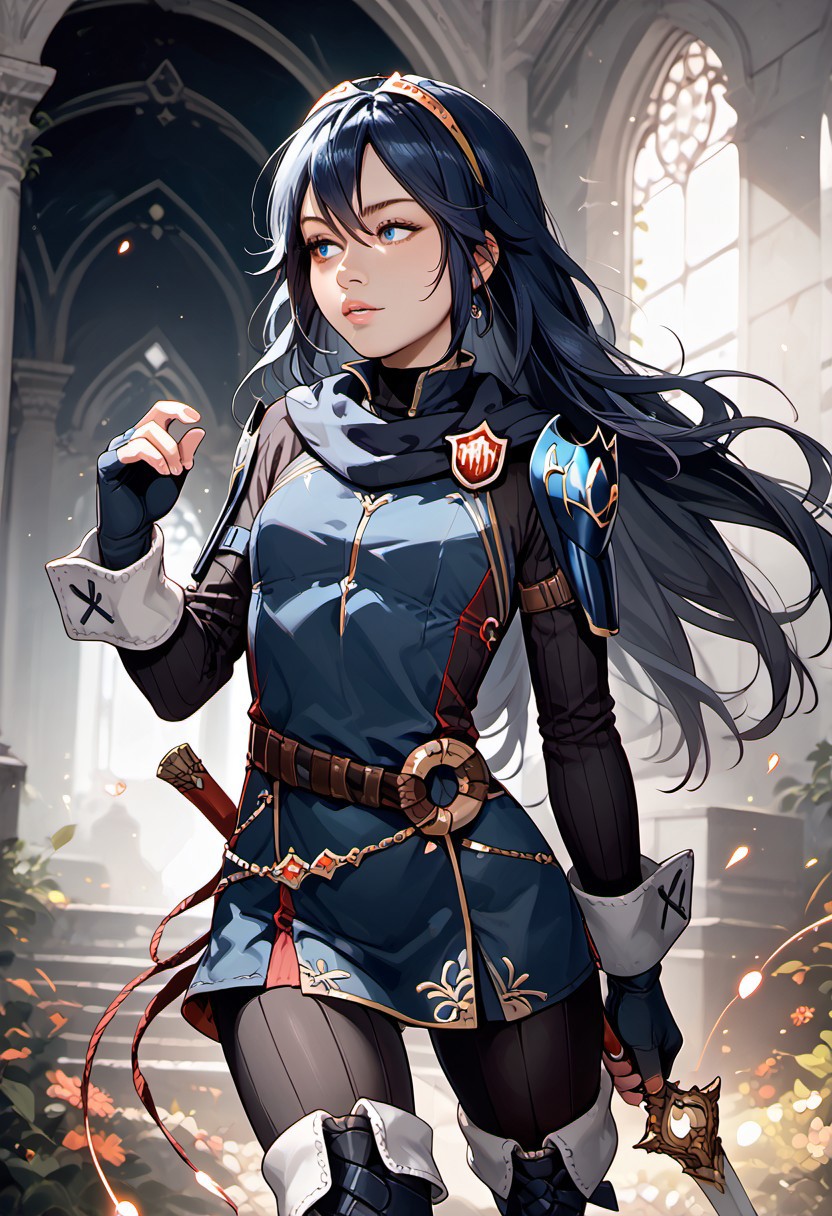 masterpiece,best quality, highly detailed, score_9, score_8_up, score_7_up, score_6_up, score_5_up, score_4_up, ((zPDXL3)), ((zPDXLxxx)), Expressiveh, defLuci, long hair, tiara, cape, shoulder armor, blue tunic, long sleeves, cuffs, blue scarf, fingerless gloves, belt, pants, thigh boots, highres, holding, holding sword, holding weapon, long hair, looking away, sword, adult lustful confident woman, petite, slender body, perky saggy natural breasts, full lips, bangs, sidelocks, straps, 
chinese magical sorceress, animated, swirling magic, wisps of magic, dancing pose, tight squeezed outfit, magical accessories, evoking motion, conveying motion, dynamic splash art