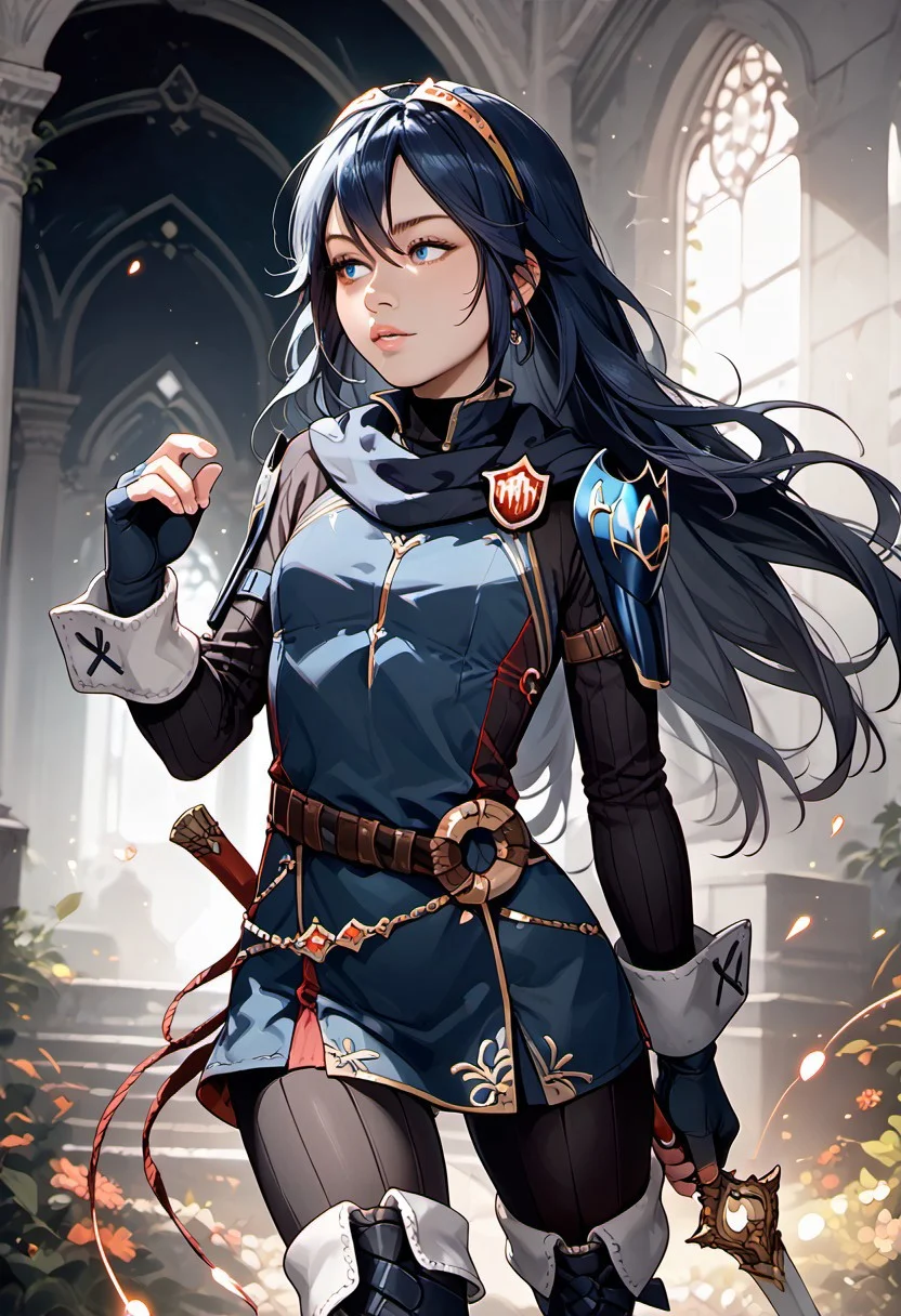 masterpiece,best quality, highly detailed, score_9, score_8_up, score_7_up, score_6_up, score_5_up, score_4_up, ((zPDXL3)), ((zPDXLxxx)), Expressiveh, defLuci, long hair, tiara, cape, shoulder armor, blue tunic, long sleeves, cuffs, blue scarf, fingerless gloves, belt, pants, thigh boots, highres, holding, holding sword, holding weapon, long hair, looking away, sword, adult lustful confident woman, petite, slender body, perky saggy natural breasts, full lips, bangs, sidelocks, straps,
chinese magical sorceress, animated, swirling magic, wisps of magic, dancing pose, tight squeezed outfit, magical accessories, evoking motion, conveying motion, dynamic splash art