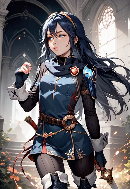 masterpiece,best quality, highly detailed, score_9, score_8_up, score_7_up, score_6_up, score_5_up, score_4_up, ((zPDXL3)), ((zPDXLxxx)), Expressiveh, defLuci, long hair, tiara, cape, shoulder armor, blue tunic, long sleeves, cuffs, blue scarf, fingerless gloves, belt, pants, thigh boots, highres, holding, holding sword, holding weapon, long hair, looking away, sword, adult lustful confident woman, petite, slender body, perky saggy natural breasts, full lips, bangs, sidelocks, straps,
chinese magical sorceress, animated, swirling magic, wisps of magic, dancing pose, tight squeezed outfit, magical accessories, evoking motion, conveying motion, dynamic splash art