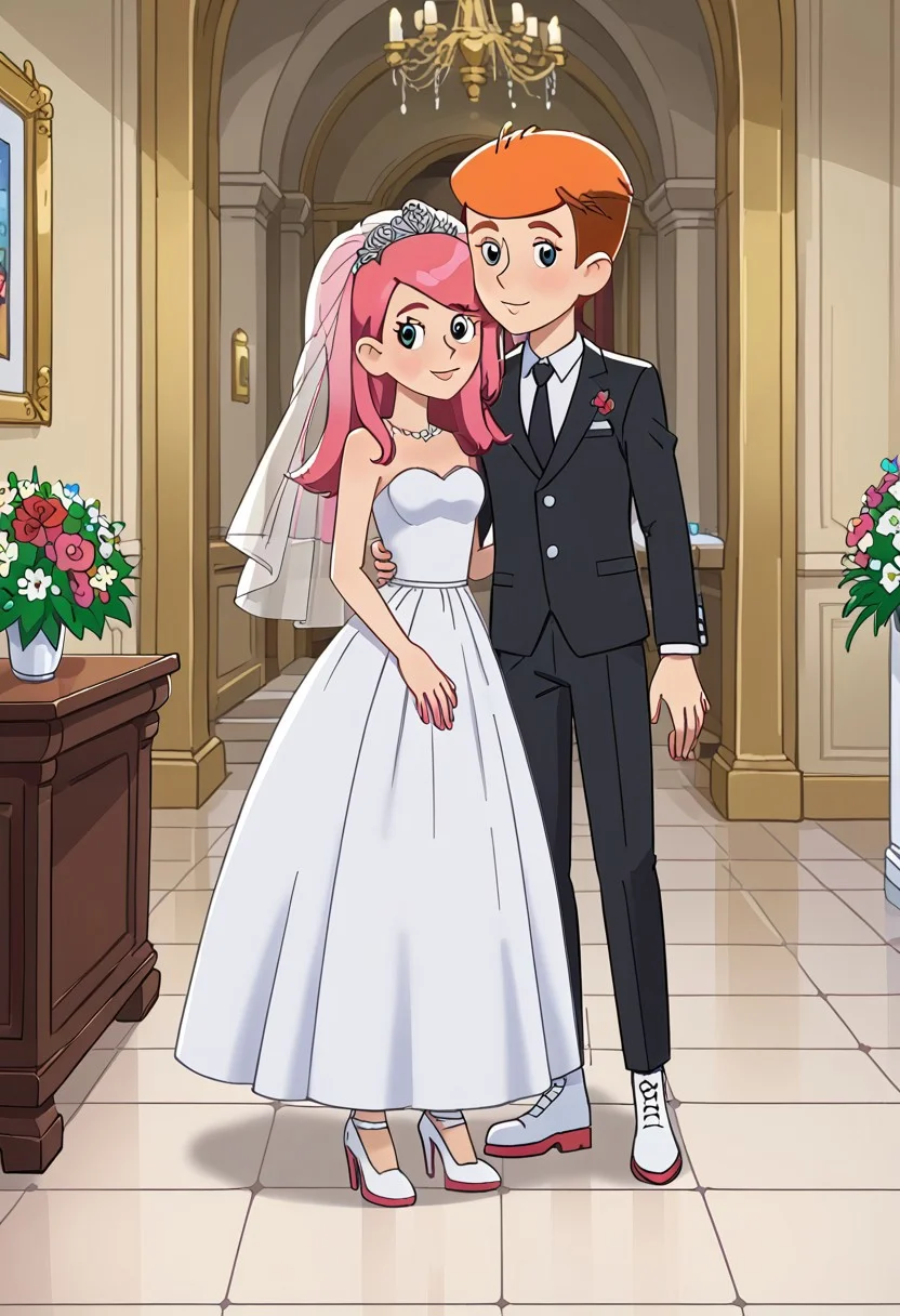 score_6, interior, tile floor, white wall, two characters, couple boy and girl,
(bride girl olya, girl with long pink hair and perky tits, white
heeled footwear, white wedding dress)
(fyodor, boy with short orange hair, black pants white shirt, black footwear, black jacket, )
couple, standing together against viewer, wedding ceremony, flowers, , front view