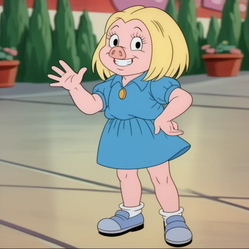 score_9, solo, 1girl, juldt2, child, furry, pig, blonde hair, black eyes, teeth, blue dress, parody, smile, hand on hip, waving at viewer, retro artstyle, full body, socks, shoes, blurry background, <lora:juldt2-000009:1>,