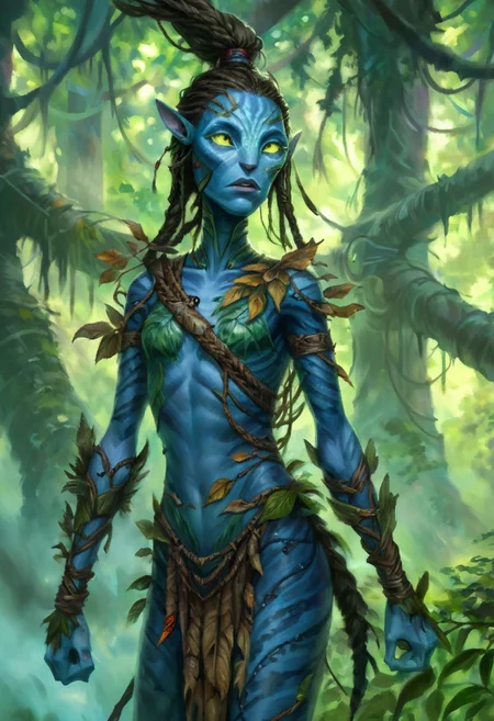 w4rh4mm3r style oil painting of a female cyborg Avatar navi alien with blue skin, wearing torn and damaged leaf and bark armor, with a cybernetic arm, burning forest of huge trees in the background, long electrical wires braided hair