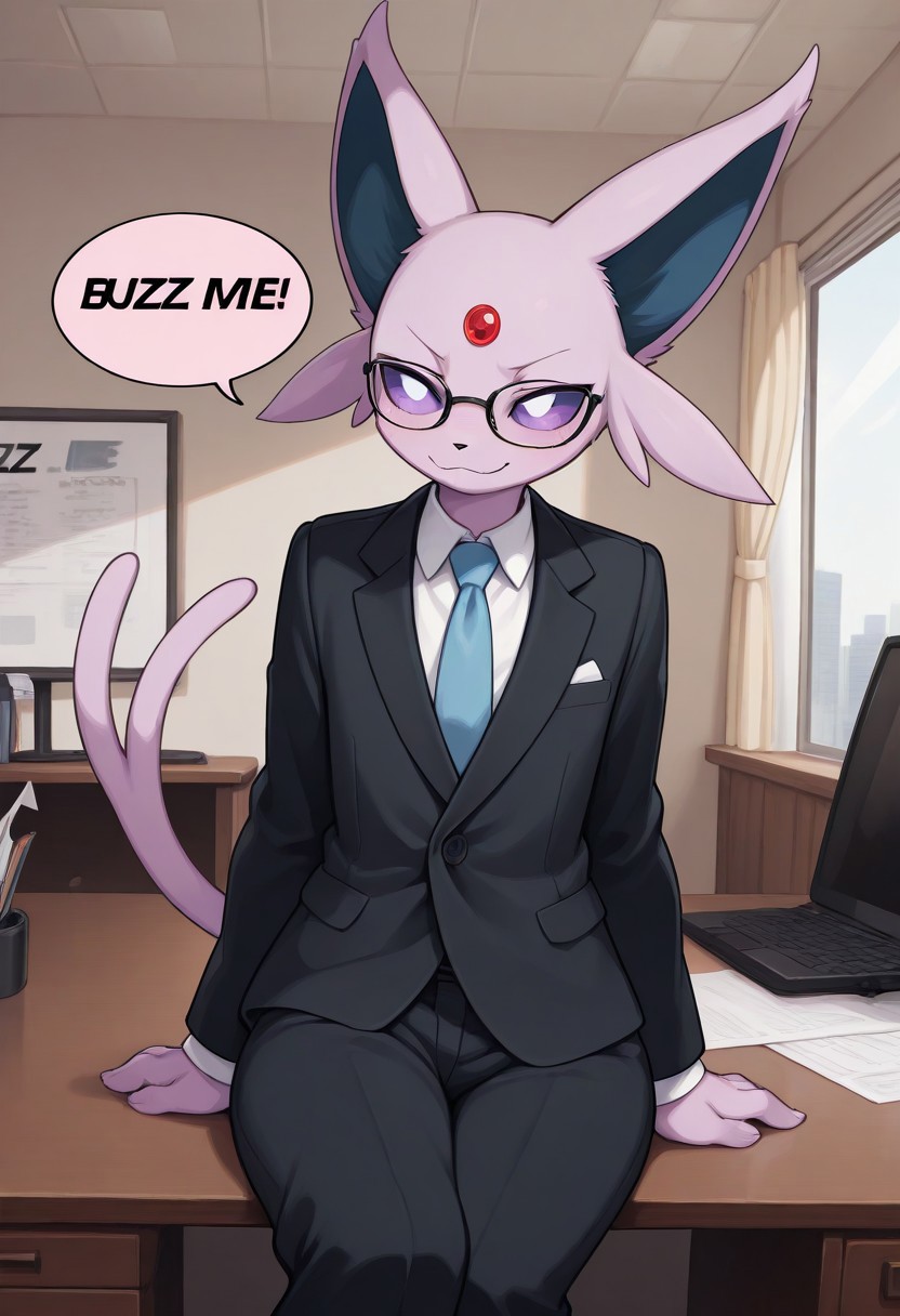 masterpiece, best quality, newest, absurdres, highres, 2024, 2023, perfect eyes, amazing quality, (male, anthro, male focus : 1.4),  ( )
BREAK 
(femboy, serious, smiling, sitting behind desk, director, speech bubble,english text, talking, "BUZZ ME FRIEND" in the speech bubble :1.2)), (1femboy, solo , (male only) anthro, )
BREAK 
(male: Espeon, Pokemon ), businessman clothes, glasses
BREAK 
Indoors , detailed background, office, director's office, desk