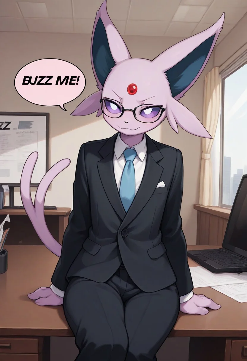 masterpiece, best quality, newest, absurdres, highres, 2024, 2023, perfect eyes, amazing quality, (male, anthro, male focus : 1.4), ( )
BREAK
(femboy, serious, smiling, sitting behind desk, director, speech bubble,english text, talking, "BUZZ ME FRIEND" in the speech bubble :1.2)), (1femboy, solo , (male only) anthro, )
BREAK
(male: Espeon, Pokemon ), businessman clothes, glasses
BREAK
Indoors , detailed background, office, director's office, desk