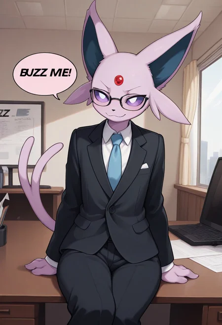 masterpiece, best quality, newest, absurdres, highres, 2024, 2023, perfect eyes, amazing quality, (male, anthro, male focus : 1.4), ( )
BREAK
(femboy, serious, smiling, sitting behind desk, director, speech bubble,english text, talking, "BUZZ ME FRIEND" in the speech bubble :1.2)), (1femboy, solo , (male only) anthro, )
BREAK
(male: Espeon, Pokemon ), businessman clothes, glasses
BREAK
Indoors , detailed background, office, director's office, desk
