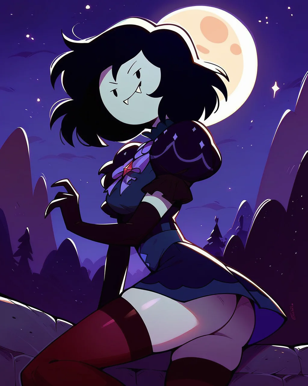 score_9, score_8_up, score_7_up, 1girl, solo, Marceline, black hair, grey skin, fang, the star dress, medium hair, puffy short sleeves, black elbow gloves, thighhighs, pinup, looking at viewer, outdoors, night, moon, <lora:Marceline_PDXL:1>