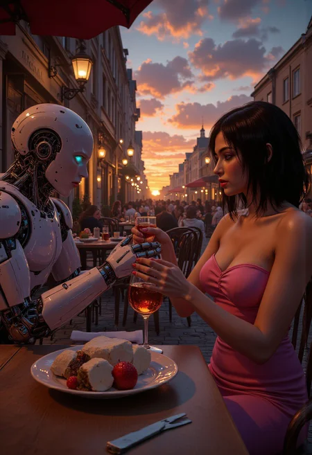 "A romantic scene at an outdoor café during sunset. A feminine humanoid robot with sleek, mechanical limbs and glowing teal eyes sits across from a soft-featured, feminine human male with shoulder-length dark hair. The robot wears a cute pink sundress. They are holding hands gently across the table, sharing a quiet, romantic moment. Focus on improving the anatomy and proportions of their hands: make the robot’s fingers more elegantly articulated and jointed, with proper proportions and subtle metallic detailing. The human male’s hands should appear graceful, with natural joint bends, accurate finger lengths, and a soft, expressive touch. The hands should look intimate, connected, and realistic in structure and gesture."