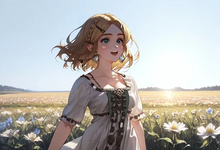 abbystea style, score_9, score_8_up, score_7_up, masterpiece, ultra detailed, best quality, 1girl, princess zelda, solo, fullbody, detailed eyes, detailed face, beautiful face, perfect face, detailled body, large breasts, wide hips, curvy, voluptuous, zelda, blue eyes, happy, smiling, open mouth, movement, wind, outdoor, medium hair, linen dress, flower field, sun, sun rays, loose clothes, ample clothes, white dress, cleavage, shot from side, profile shot, detail1eye, anime