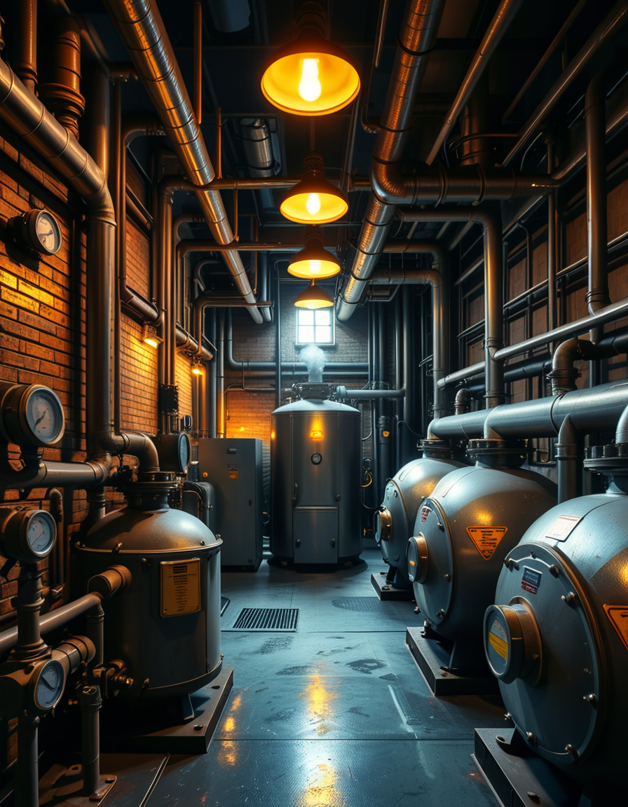 A highly detailed and realistic photograph of an industrial boiler room filled with large metal boilers, complex pipe systems, and pressure gauges. The room is dimly lit with a mix of warm yellow lighting from overhead industrial lamps and cool blue reflections from metallic surfaces. The air is slightly hazy with steam escaping from some of the pipes. The floor is made of reinforced concrete with visible stains from oil and water. Various control panels with blinking LED indicators and warning signs are mounted on the walls. The atmosphere is rugged and mechanical, evoking a sense of power and industrial efficiency. The depth of field is sharp, capturing intricate details such as rust on old pipes, the texture of the metal surfaces, and the labels on the control panels. The composition emphasizes symmetry, with pipes and machinery creating a structured, almost futuristic aesthetic. 
<lora:SDXLFaeTastic2400:0.4> <lora:extremely_detailed:0.4> extremely detailed,<lora:industrial_boiler_room:1>,industrial b01l3r r00m, Masterpiece,best quality,hi res,8k,hi res,8k,award winning,(sharp focus, intricate, highly detailed),
