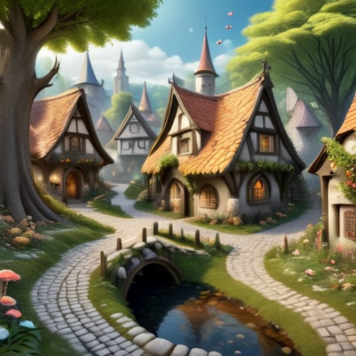 <lora:Fairy_Tale_Village:1>a beautiful fairy tale village with a cobblestone path and a small creek, some trees, and flowers, detailed, realistic, photographic
